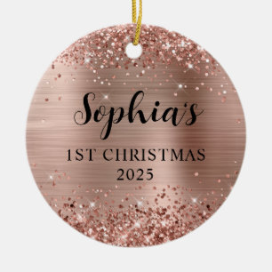 Glittery Rose Gold Foil 1st Christmas Photo Ceramic Ornament
