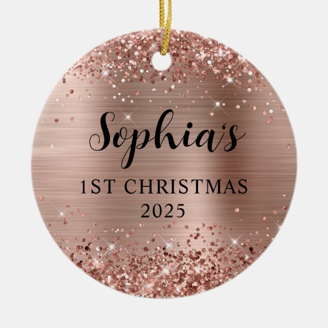 Glittery Rose Gold Foil 1st Christmas Photo Ceramic Ornament (Front)