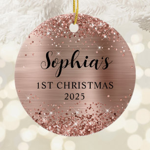 Glittery Rose Gold Foil 1st Christmas Photo Ceramic Ornament