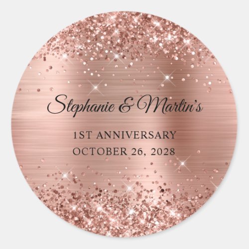 Glittery Rose Gold Foil 1st Wedding Anniversary Classic Round Sticker