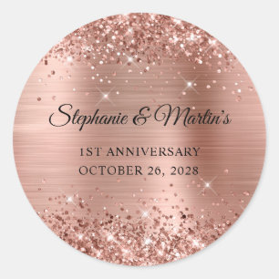 Glittery Rose Gold Foil 1st Wedding Anniversary Classic Round Sticker