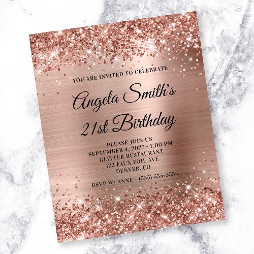 Glittery Rose Gold Foil 21st Birthday Invite Flyer