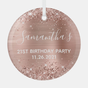 Glittery Rose Gold Foil 21st Birthday Party Glass Ornament