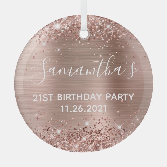 Glittery Rose Gold Foil 21st Birthday Party Glass Ornament (Front)