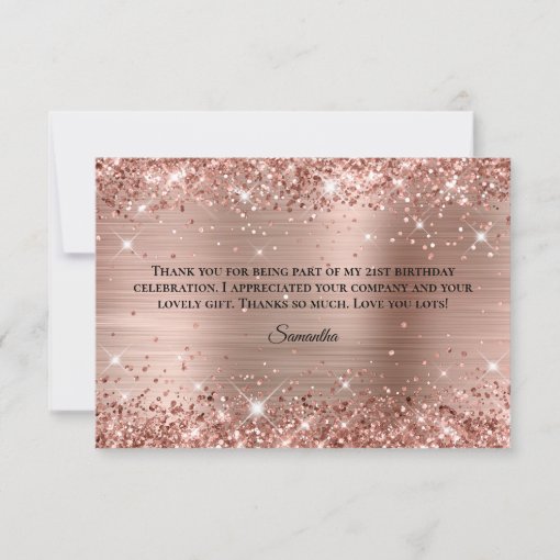 Glittery Rose Gold Foil 21st Birthday Thank You Card | Zazzle