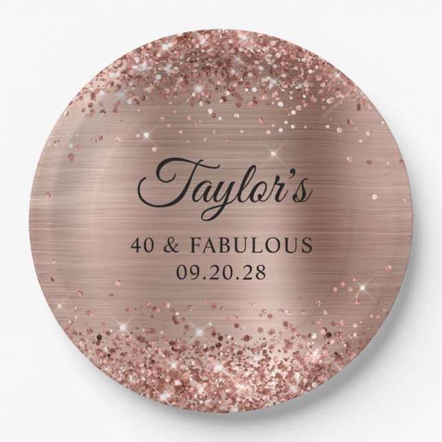 Glittery Rose Gold Foil 40 & Fabulous Paper Plates (Front)