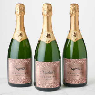 Glittery Rose Gold Foil 40 & Fabulous Sparkling Wine Label