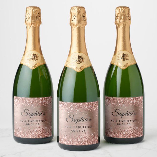 Glittery Rose Gold Foil 40 & Fabulous Sparkling Wine Label (Bottles)