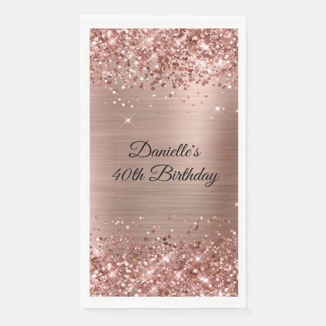 Glittery Rose Gold Foil 40th Birthday Paper Guest Towels (Front)