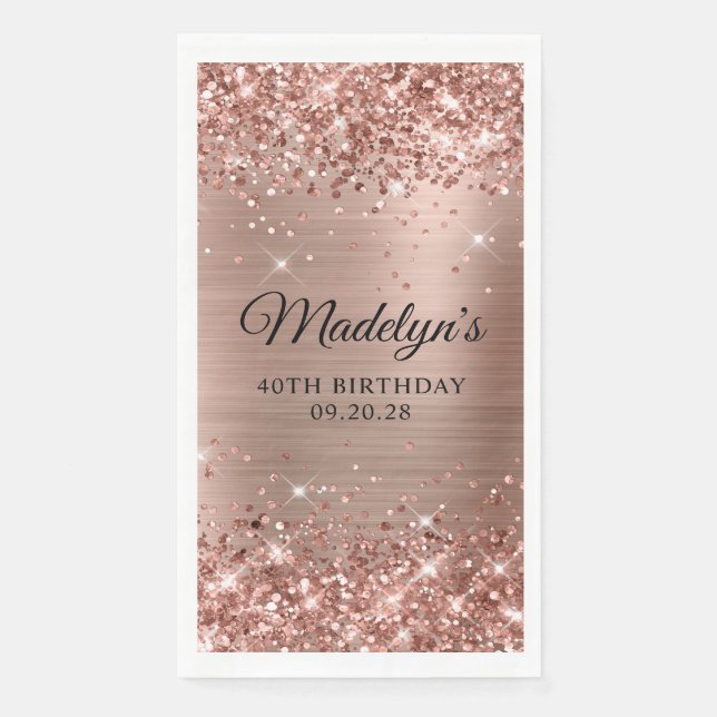 Glittery Rose Gold Foil 40th Birthday Paper Guest Towels (Front)