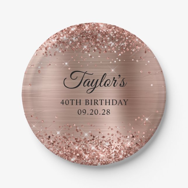 Glittery Rose Gold Foil 40th Birthday Paper Plates (Front)