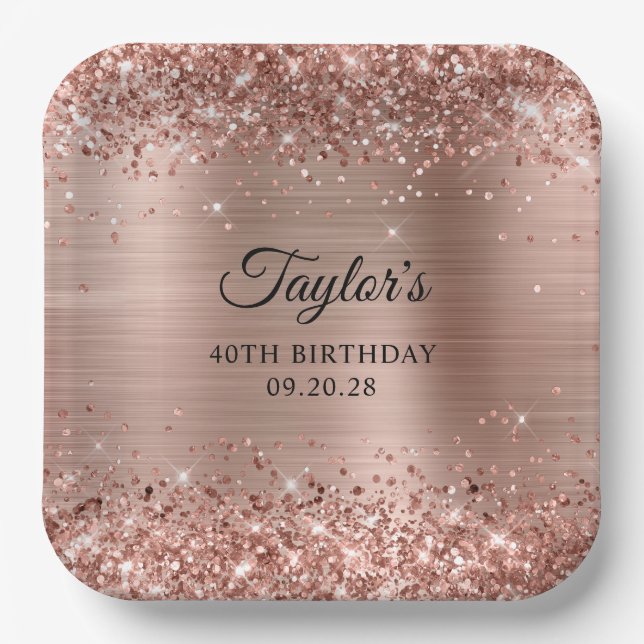 Glittery Rose Gold Foil 40th Birthday Paper Plates (Front)