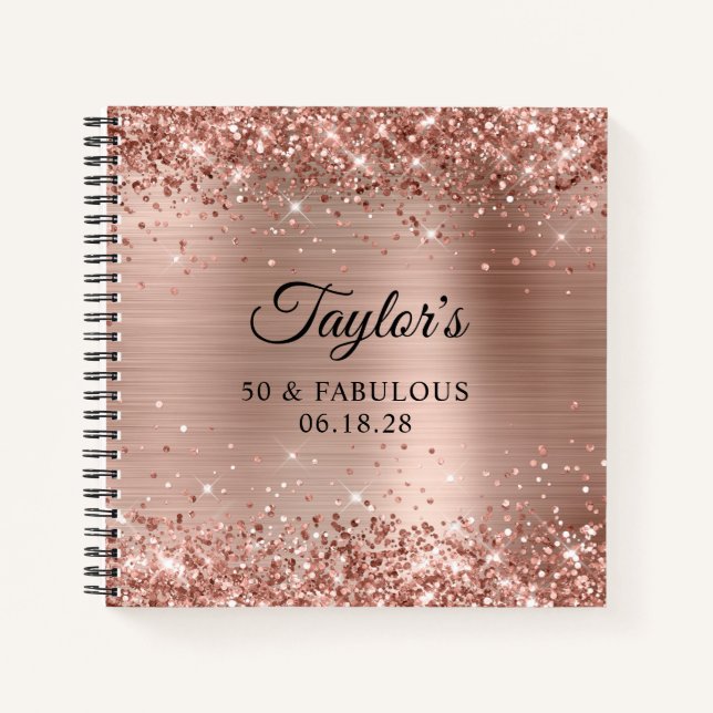 Glittery Rose Gold Foil 50 & Fabulous Guest Notebook (Front)