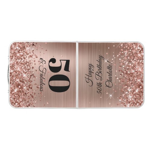Glittery Rose Gold Foil 50th Birthday Beer Pong Table