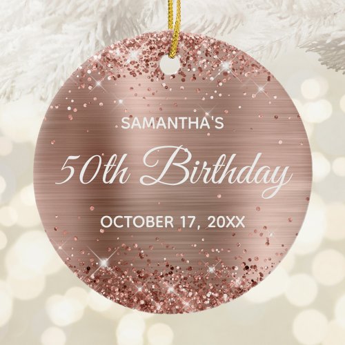 Glittery Rose Gold Foil 50th Birthday Ceramic Ornament