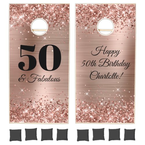 Glittery Rose Gold Foil 50th Birthday Cornhole Set