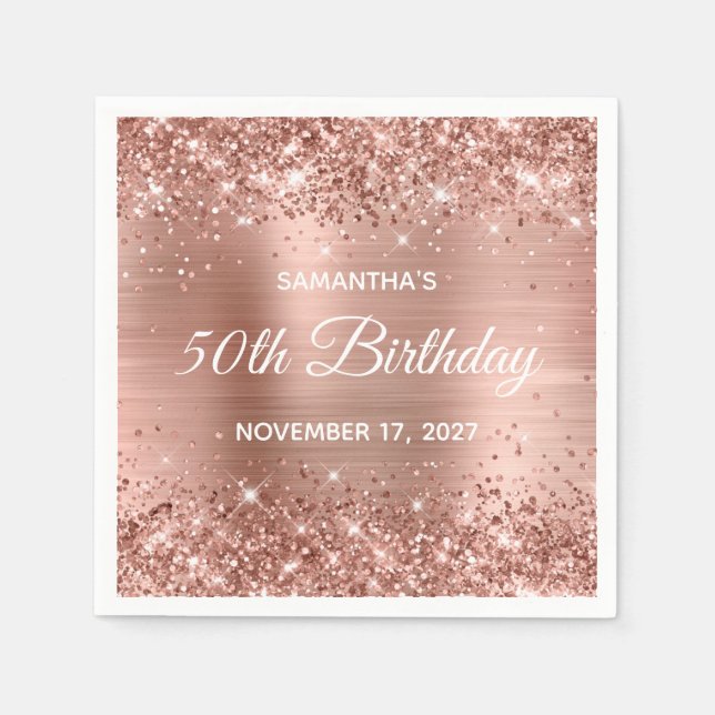 Glittery Rose Gold Foil 50th Birthday Napkins (Front)