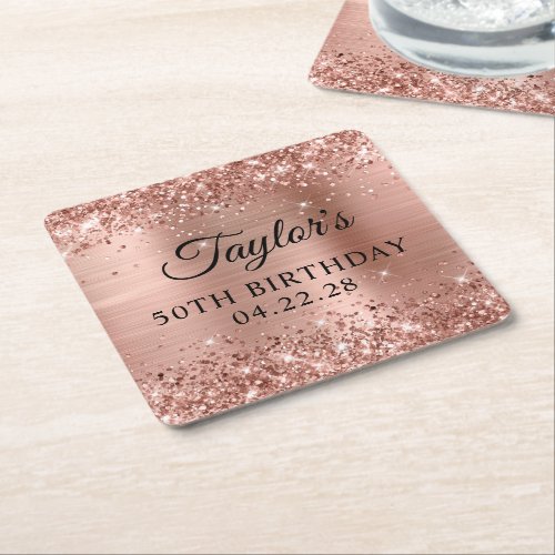 Glittery Rose Gold Foil 50th Birthday Square Paper Coaster