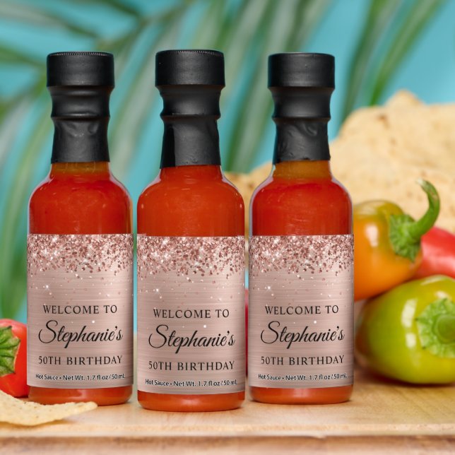 Glittery Rose Gold Foil 50th Birthday Welcome Hot Sauces (Multi)