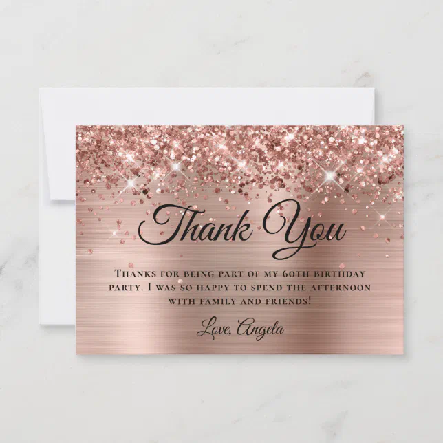 Glittery Rose Gold Foil 60th Birthday Thank You Card | Zazzle