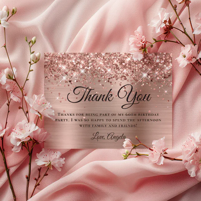 Glittery Rose Gold Foil 60th Birthday Thank You Card | Zazzle