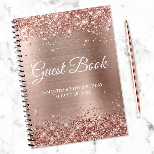 Glittery Rose Gold Foil 70th Birthday Guestbook Notebook
