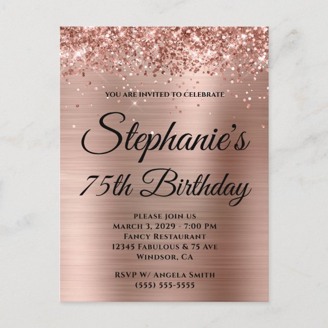 Glittery Rose Gold Foil 75th Birthday Invitation Postcard (Front)