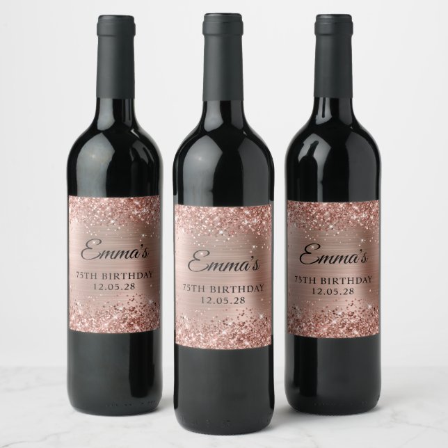 Glittery Rose Gold Foil 75th Birthday Wine Label (Bottles)
