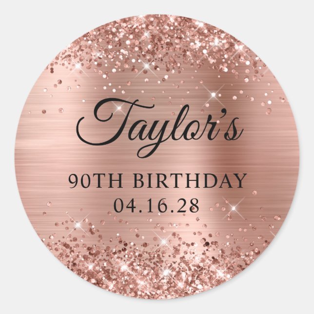 Glittery Rose Gold Foil 90th Birthday Classic Round Sticker (Front)