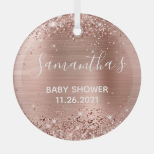 Glittery Rose Gold Foil Baby Shower Glass Ornament