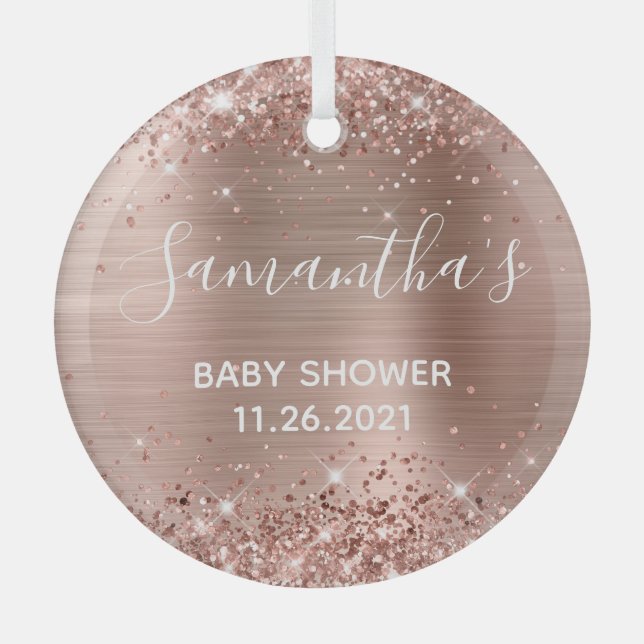 Glittery Rose Gold Foil Baby Shower Glass Ornament (Front)