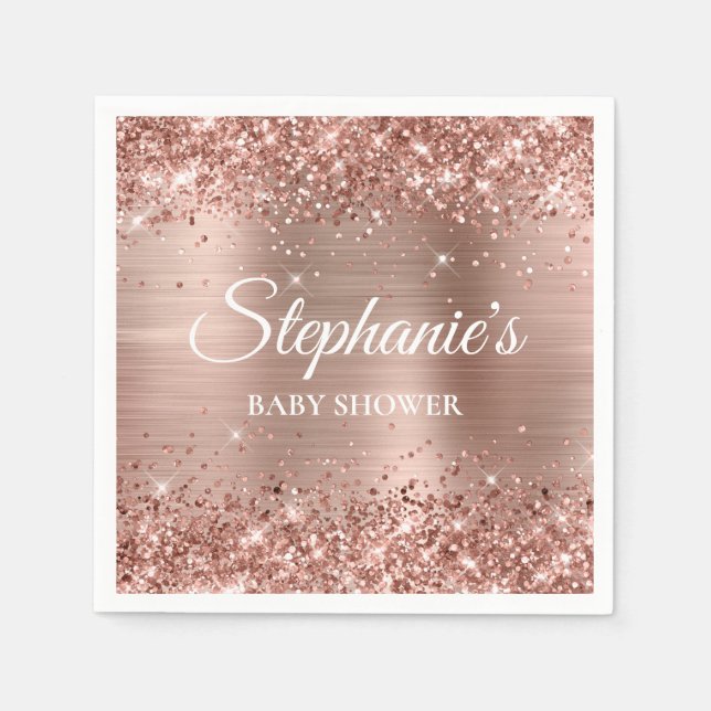 Glittery Rose Gold Foil Baby Shower Napkins (Front)