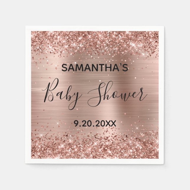 Glittery Rose Gold Foil Baby Shower Napkins (Front)