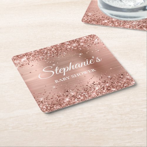 Glittery Rose Gold Foil Baby Shower Square Paper Coaster