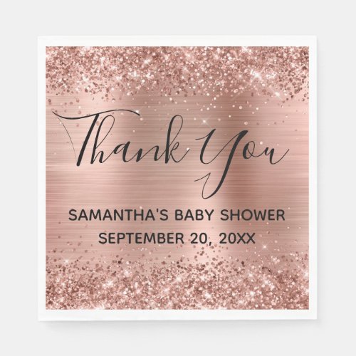 Glittery Rose Gold Foil Baby Shower Thank You Napkins