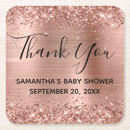 Glittery Rose Gold Foil Baby Shower Thank You Square Paper Coaster