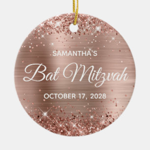 Glittery Rose Gold Foil Bat Mitzvah Ceramic Ornament