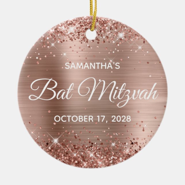 Glittery Rose Gold Foil Bat Mitzvah Ceramic Ornament (Front)