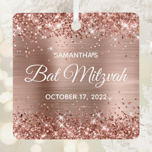 Glittery Rose Gold Foil Bat Mitzvah Metal Ornament