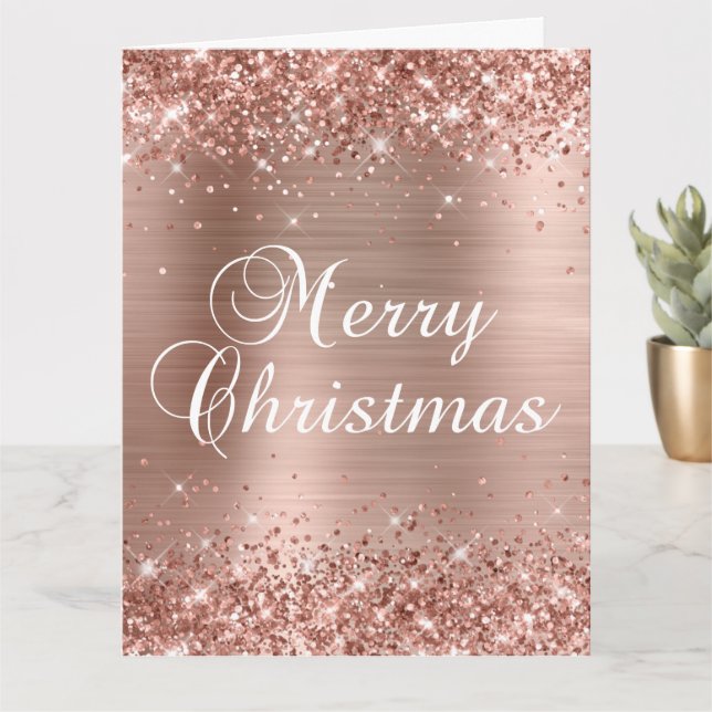 Glittery Rose Gold Foil Big Merry Christmas Card (Small Plant)