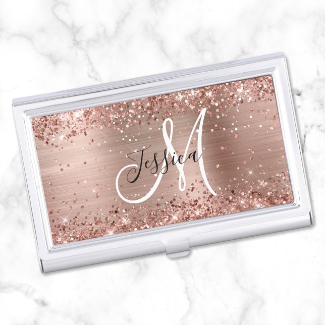 Glittery Rose Gold Foil Black and White Monogram Business Card Case (Rose Gold Glitter and Foil Modern Monogrammed Business Card Case)