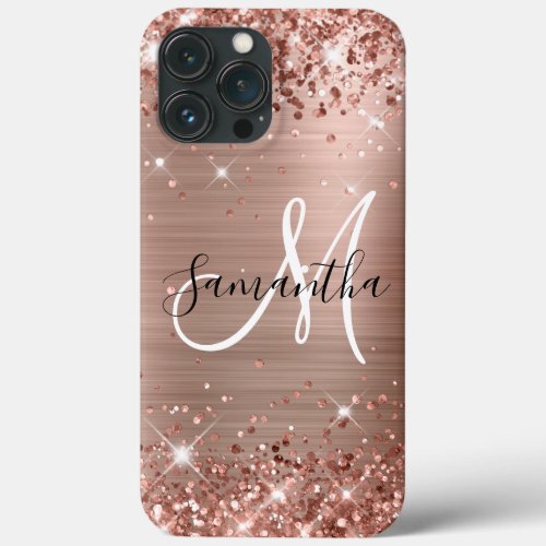 Glittery Rose Gold Foil Black and White Monogram iPhone 13 Pro Max Case