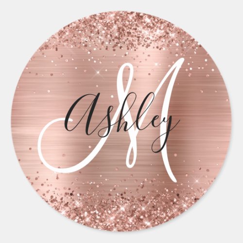 Glittery Rose Gold Foil Black and White Monogram Classic Round Sticker