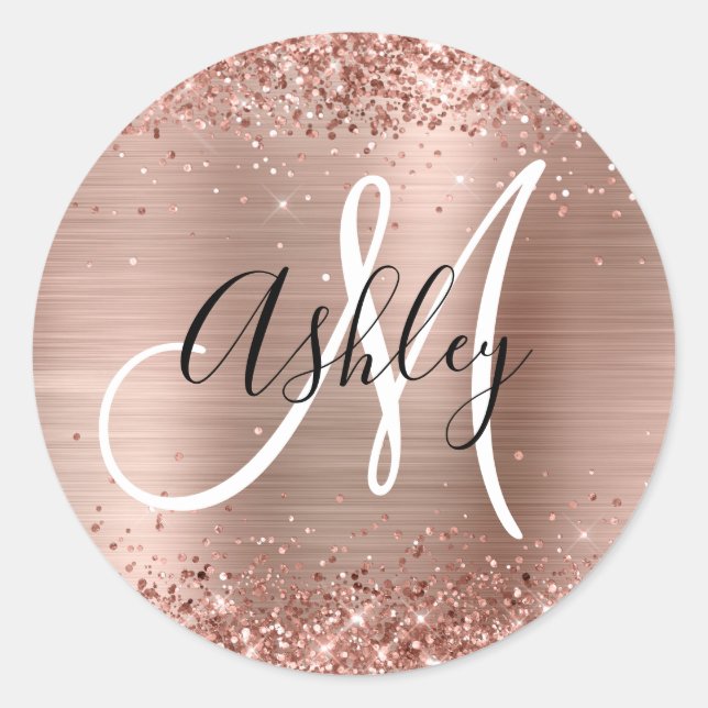 Glittery Rose Gold Foil Black and White Monogram Classic Round Sticker (Front)
