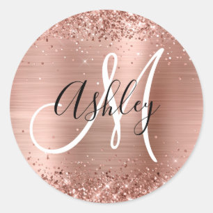 Glittery Rose Gold Foil Black and White Monogram Classic Round Sticker