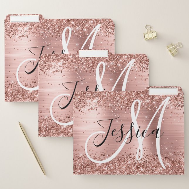 Glittery Rose Gold Foil Black and White Monogram File Folder (Set)