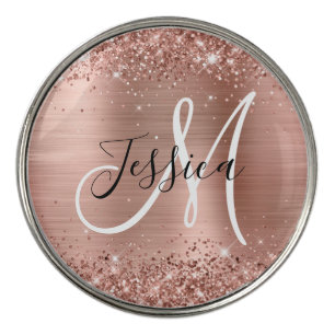 Glittery Rose Gold Foil Black and White Monogram Golf Ball Marker