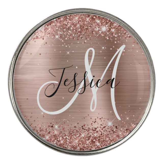 Glittery Rose Gold Foil Black and White Monogram Golf Ball Marker (Front)