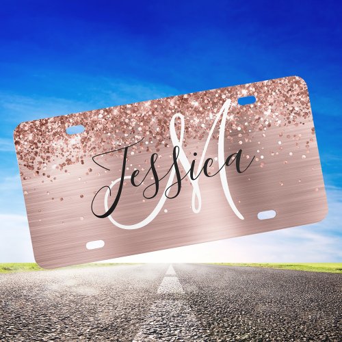 Glittery Rose Gold Foil Black and White Monogram License Plate