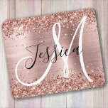 Glittery Rose Gold Foil Black and White Monogram Mouse Pad<br><div class="desc">Girly faux sparkly rose gold glitter highlights on the top and bottom edge, over a faux pink blush rose gold brushed metal or stainless steel style ombre foil. The monogram features a elegant black and white calligraphy combo. Customize the font styles to create your own design. The main colors are...</div>